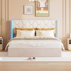 Rosahqnda - Lit Double Tapissé 140 X 190 Cm Avec Rangement Sous Le Lit, Tête De Lit Led Avec , Cadre De Lit Avec Sommier À Lattes, Rangement Lit Jeune, Lit Avec Dossier, Beige (matelas Non Inclus) - Publicité Rosahqnda - Lit Double Tapissé 140 X 190 Cm Avec Rangement Sous Le Lit, Tête De Lit Led Avec , Cadre De Lit Avec Sommier À Lattes, Rangement Lit Jeune, Lit Avec Dossier, Beige (matelas Non Inclus) - Publicité