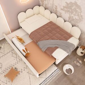 VOENCSU Lit Enfant 90x200 Cm Avec Lit Gigogne 90x190 Cm, Lit Enfant À Lattes, En Velours, Sans Matelas, Beige - Publicité VOENCSU Lit Enfant 90x200 Cm Avec Lit Gigogne 90x190 Cm, Lit Enfant À Lattes, En Velours, Sans Matelas, Beige - Publicité