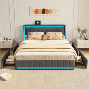 ROSAHQNDA Lit Rembourré 140x200cm,lit Double Avec Fonction De Charge Usb,éclairage Led Et 4 Tiroirs,cadre De Lit Avec Rangement,sommier À Lattes En Bois,surface En Lin,dark Gary - Publicité ROSAHQNDA Lit Rembourré 140x200cm,lit Double Avec Fonction De Charge Usb,éclairage Led Et 4 Tiroirs,cadre De Lit Avec Rangement,sommier À Lattes En Bois,surface En Lin,dark Gary - Publicité