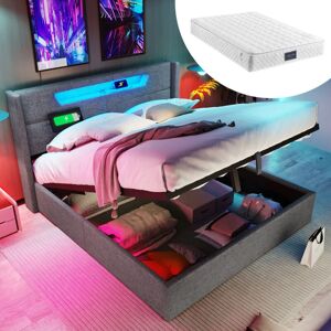 Aafgvc - Lit rembourré lit double led avec fonction de chargement usb Type c et éclairage led, lits de rangement, cadre de lit en lin, lit d'adolescent 160x200 avec sommier à lattes (avec matelas) - Publicité