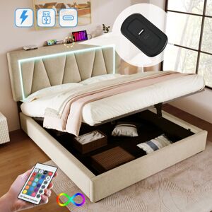 Aafgvc - Lit rembourré lit double led avec fonction de chargement usb Type c et éclairage led, lits de rangement, cadre de lit en lin, lit d'adolescent 160x200 avec sommier à lattes (sans matelas) - Publicité