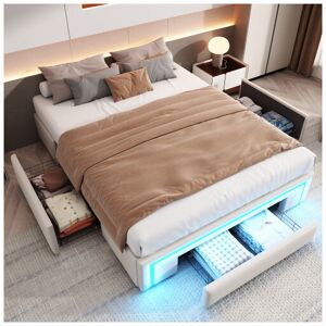 Okwish - Lit Double 140x200 Cm, Lit Avec Tiroirs, Éclairage Led Et Sommier À Lattes Métalliques, En Cuir Artificiel, Beige, Sans Tête De Lit / Matelas - Publicité Okwish - Lit Double 140x200 Cm, Lit Avec Tiroirs, Éclairage Led Et Sommier À Lattes Métalliques, En Cuir Artificiel, Beige, Sans Tête De Lit / Matelas - Publicité