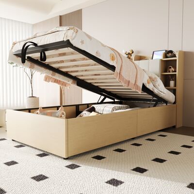 ACKERMAN Lit En Bois 90 X 200 Cm, Lit Hydraulique, Dossier Avec Rangement, Équipé De Prises Usb Et Type-c, Lit Simple, Lit Jeune, Couleur Bois (sans Matelas) - Publicité ACKERMAN Lit En Bois 90 X 200 Cm, Lit Hydraulique, Dossier Avec Rangement, Équipé De Prises Usb Et Type-c, Lit Simple, Lit Jeune, Couleur Bois (sans Matelas) - Publicité