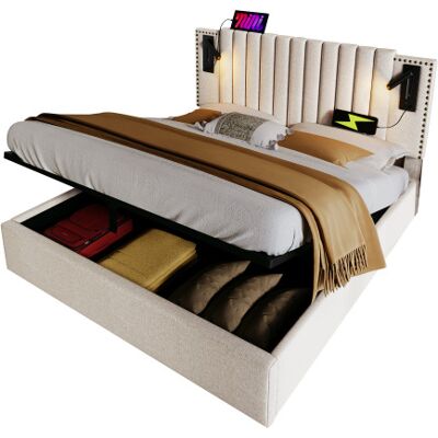 Generic Lit Rembourré 160x200,lit Double Avec Rangement,coffre De Lit,lampe De Lecture Avec Fonction De Charge Usb,tête De Lit,dossier Avec Design Rivet,lit Avec Sommier À Lattes Et Coffre De Lit,coton,beige - Publicité Generic Lit Rembourré 160x200,lit Double Avec Rangement,coffre De Lit,lampe De Lecture Avec Fonction De Charge Usb,tête De Lit,dossier Avec Design Rivet,lit Avec Sommier À Lattes Et Coffre De Lit,coton,beige - Publicité
