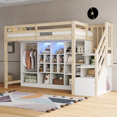 ACKERMAN Lit Mezzanine 90 X 200 Cm, Avec Armoires De Rangement Avec Plusieurs Compartiments Et Un Simple Placard, Avec Éclairage Led, Cadre De Lit Et Échelle Latérale Intégrée Avec Rangement, Couleur Bois - Publicité ACKERMAN Lit Mezzanine 90 X 200 Cm, Avec Armoires De Rangement Avec Plusieurs Compartiments Et Un Simple Placard, Avec Éclairage Led, Cadre De Lit Et Échelle Latérale Intégrée Avec Rangement, Couleur Bois - Publicité