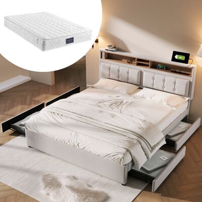 ACKERMAN Lit Double Avec 4 Tiroirs Et Prise Usb C, Lit Rembourré 160x200cm, Tête De Lit Réglable En Hauteur, Cadre À Lattes En Bois (avec Matelas) - Publicité ACKERMAN Lit Double Avec 4 Tiroirs Et Prise Usb C, Lit Rembourré 160x200cm, Tête De Lit Réglable En Hauteur, Cadre À Lattes En Bois (avec Matelas) - Publicité