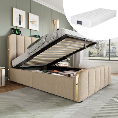 ACKERMAN Lit Simple Capitonné, Tête De Lit Rembourrée Avec Rayures Décoratives Dorées Et Fonction De Chargement Usb Type-c, 90200 Cm, Revêtement En Lin Beige, Lit Coffre Hydraulique (avec Matelas) - Publicité ACKERMAN Lit Simple Capitonné, Tête De Lit Rembourrée Avec Rayures Décoratives Dorées Et Fonction De Chargement Usb Type-c, 90200 Cm, Revêtement En Lin Beige, Lit Coffre Hydraulique (avec Matelas) - Publicité