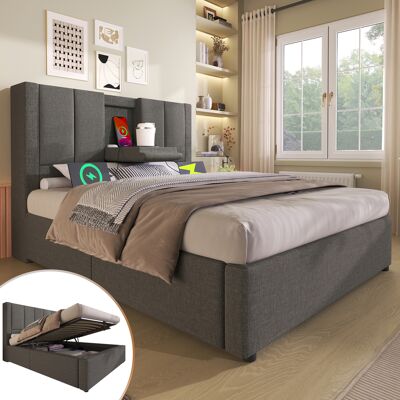 ACKERMAN Lit Simple Capitonné 90x200 Cm Avec Porte-gobelet Et Station De Recharge Dissimulés, Lit Hydraulique Avec Espace De Rangement Sous Le Lit, Sommier À Lattes Inclus, Gris Lin (sans Matelas) - Publicité ACKERMAN Lit Simple Capitonné 90x200 Cm Avec Porte-gobelet Et Station De Recharge Dissimulés, Lit Hydraulique Avec Espace De Rangement Sous Le Lit, Sommier À Lattes Inclus, Gris Lin (sans Matelas) - Publicité