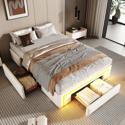 ACKERMAN Cadre De Lit 90x200 Avec Tiroirs, Lit En Pu Sans Tête De Lit Avec Bandeau Led, Lit Plateforme Métallique Pour Chambre Moderne, Blanc - Publicité ACKERMAN Cadre De Lit 90x200 Avec Tiroirs, Lit En Pu Sans Tête De Lit Avec Bandeau Led, Lit Plateforme Métallique Pour Chambre Moderne, Blanc - Publicité
