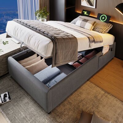 ACKERMAN Lit Simple Capitonné 90×190 Cm, Cadre De Lit Coffre Avec Port Usb-c Et Sommier À Lattes, Sans Tête De Lit, Coton, Gris - Publicité ACKERMAN Lit Simple Capitonné 90×190 Cm, Cadre De Lit Coffre Avec Port Usb-c Et Sommier À Lattes, Sans Tête De Lit, Coton, Gris - Publicité