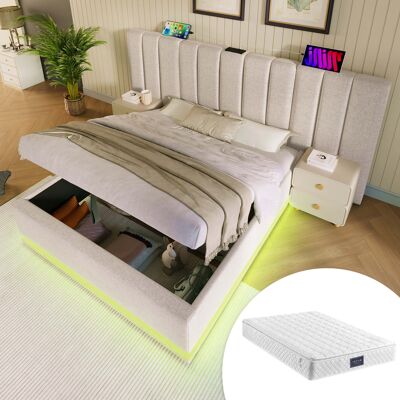ACKERMAN Lit Rembourré 160x200, Lit Double Avec Rangement, Éclairage Led Contrôlé Par Application Et Fonction De Chargement Usb-c, Cadre De Lit À Lattes, Lin, Beige, Sans Table De Chevet, Avec Matelas - Publicité ACKERMAN Lit Rembourré 160x200, Lit Double Avec Rangement, Éclairage Led Contrôlé Par Application Et Fonction De Chargement Usb-c, Cadre De Lit À Lattes, Lin, Beige, Sans Table De Chevet, Avec Matelas - Publicité