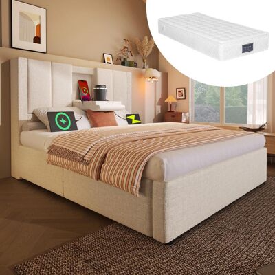 OEM Lit Simple Capitonné 90x200 Cm Avec Porte-gobelet Et Station De Recharge Dissimulés, Sommier Hydraulique Avec Espace De Rangement Sous Le Lit, Sommier À Lattes Inclus, Lin Beige (avec Matelas) - Publicité OEM Lit Simple Capitonné 90x200 Cm Avec Porte-gobelet Et Station De Recharge Dissimulés, Sommier Hydraulique Avec Espace De Rangement Sous Le Lit, Sommier À Lattes Inclus, Lin Beige (avec Matelas) - Publicité