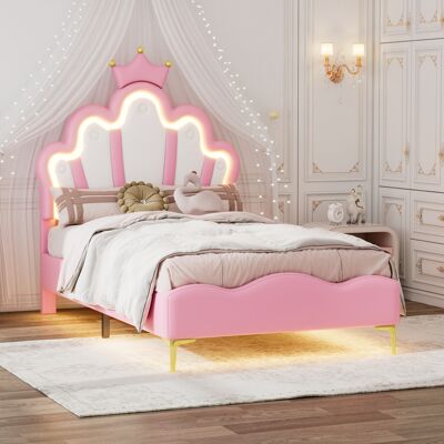 ALLAUVE Lit Princesse Couronne 90x200cm, Rembourré Moelleux En Similicuir Rose, Avec Bande Lumineuse Led Réglable, Lit Double Élégant À Couronne - Publicité ALLAUVE Lit Princesse Couronne 90x200cm, Rembourré Moelleux En Similicuir Rose, Avec Bande Lumineuse Led Réglable, Lit Double Élégant À Couronne - Publicité