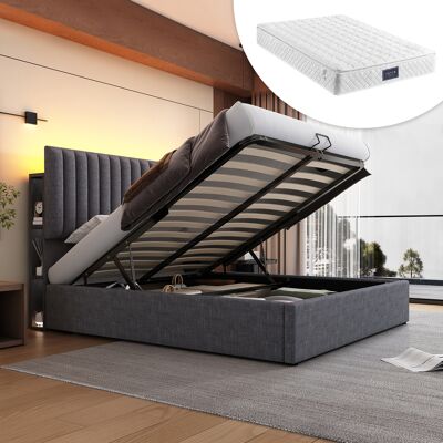 ACKERMAN Lit Rembourré Avec Rangement, Lit Double, Led, Contrôlé Par Application, Fonction De Chargement Usb Type-c, Espace De Rangement Et Tête De Lit Réglable, 160x200cm, Cadre À Lattes En Bois, Gris (avec M - Publicité ACKERMAN Lit Rembourré Avec Rangement, Lit Double, Led, Contrôlé Par Application, Fonction De Chargement Usb Type-c, Espace De Rangement Et Tête De Lit Réglable, 160x200cm, Cadre À Lattes En Bois, Gris (avec M - Publicité