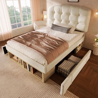 LEMONBEST Lit Simple Capitonné 90x200 Cm En Velours Avec Sommier À Lattes - Tête De Lit Réglable - Tiroirs De Rangement - Beige Sans Matelas - Publicité LEMONBEST Lit Simple Capitonné 90x200 Cm En Velours Avec Sommier À Lattes - Tête De Lit Réglable - Tiroirs De Rangement - Beige Sans Matelas - Publicité