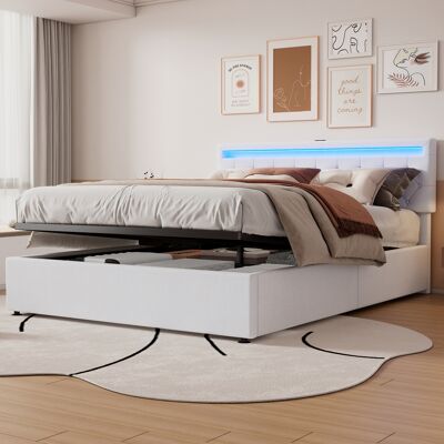 ACKERMAN Lit Plat 160200 Cm, Capitonné, Éclairage D'Ambiance, Lit Relevable, Prises Usb Et Type-c, Grand Rangement, Blanc - Publicité ACKERMAN Lit Plat 160200 Cm, Capitonné, Éclairage D'Ambiance, Lit Relevable, Prises Usb Et Type-c, Grand Rangement, Blanc - Publicité