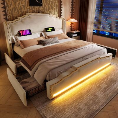 ALLAUVE Lit De Rangement Double 160x200 Cm En Velours Beige, Avec 4 Tiroirs, Éclairage Led, Port Usb-c, Sommier À Lattes Intégré, Lit Junior, Sans Matelas - Publicité ALLAUVE Lit De Rangement Double 160x200 Cm En Velours Beige, Avec 4 Tiroirs, Éclairage Led, Port Usb-c, Sommier À Lattes Intégré, Lit Junior, Sans Matelas - Publicité