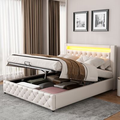 ACKERMAN Lit Capitonné 160 X 200 Cm, Lit Fonctionnel Avec Sommier À Lattes Et Rangement, Avec Éclairage Led, Blanc, Pu - Publicité ACKERMAN Lit Capitonné 160 X 200 Cm, Lit Fonctionnel Avec Sommier À Lattes Et Rangement, Avec Éclairage Led, Blanc, Pu - Publicité