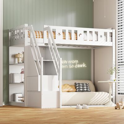 ACKERMAN Lit Mezzanine 90200 Cm, Avec Échelle De Rangement Et Étagères, Lit Simple En Bois, Lit Pour Adolescent, Lit D'Enfant, Cadre En Bois Massif, Blanc - Publicité ACKERMAN Lit Mezzanine 90200 Cm, Avec Échelle De Rangement Et Étagères, Lit Simple En Bois, Lit Pour Adolescent, Lit D'Enfant, Cadre En Bois Massif, Blanc - Publicité