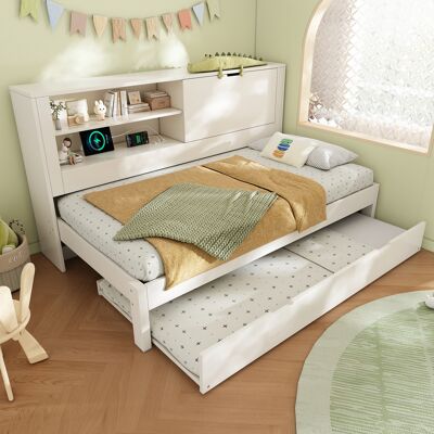 ACKERMAN Canapé-lit Une Place 90×200 Cm Avec Lit Gigogne 90×190 Cm, Cadre De Lit Blanc Avec Panneau Arrière De Rangement, Compartiment Ouvert, Compartiment De Rangement Rabattable Dissimulé, Station De Charge - Publicité ACKERMAN Canapé-lit Une Place 90×200 Cm Avec Lit Gigogne 90×190 Cm, Cadre De Lit Blanc Avec Panneau Arrière De Rangement, Compartiment Ouvert, Compartiment De Rangement Rabattable Dissimulé, Station De Charge - Publicité
