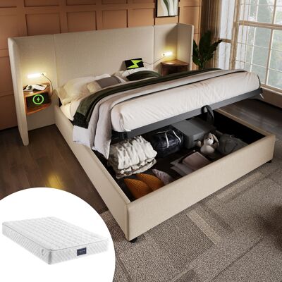 ACKERMAN Lit Double Capitonné 160x200 Avec Table De Chevet, Lampe De Lecture Et Fonction De Chargement Usb Type-c, Cadre De Lit Avec Rangement Et Sommier À Lattes En Bois Massif Et Métal, Beige, Lin (avec Mate - Publicité ACKERMAN Lit Double Capitonné 160x200 Avec Table De Chevet, Lampe De Lecture Et Fonction De Chargement Usb Type-c, Cadre De Lit Avec Rangement Et Sommier À Lattes En Bois Massif Et Métal, Beige, Lin (avec Mate - Publicité