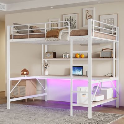 ACKERMAN Lit Mezzanine 140200 Cm, Rambarde, Escalier, Avec Usb Et Prises, Led, Bureau, Étagère Multi-niveaux, Sans Matelas, Métal, Blanc - Publicité ACKERMAN Lit Mezzanine 140200 Cm, Rambarde, Escalier, Avec Usb Et Prises, Led, Bureau, Étagère Multi-niveaux, Sans Matelas, Métal, Blanc - Publicité