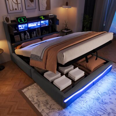 ACKERMAN Lit Capitonné 140x200cm, Avec Prise Usb C Fonction De Charge, Bandes D'Éclairage D'Ambiance Sous Le Lit, Tête De Lit Avec Compartiment De Rangement, Lit Hydraulique Avec Rangement, Sans Matelas, Avec - Publicité ACKERMAN Lit Capitonné 140x200cm, Avec Prise Usb C Fonction De Charge, Bandes D'Éclairage D'Ambiance Sous Le Lit, Tête De Lit Avec Compartiment De Rangement, Lit Hydraulique Avec Rangement, Sans Matelas, Avec - Publicité