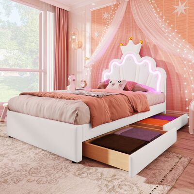 ACKERMAN Lit Capitonné, 90 X 200 Cm, Sans Matelas, Éclairage D'Ambiance Télécommandé, Lit Avec 2 Tiroirs, Lit Princesse En Forme De Couronne, Dossier Réglable, Simili Cuir, Blanc - Publicité ACKERMAN Lit Capitonné, 90 X 200 Cm, Sans Matelas, Éclairage D'Ambiance Télécommandé, Lit Avec 2 Tiroirs, Lit Princesse En Forme De Couronne, Dossier Réglable, Simili Cuir, Blanc - Publicité