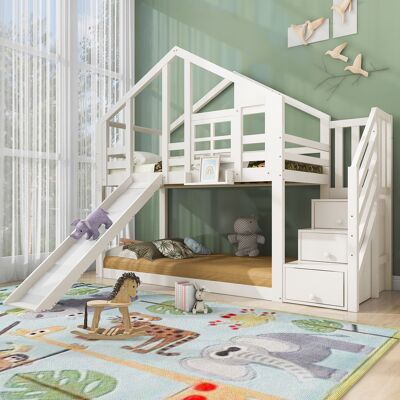 ACKERMAN Lit Cabane Pour Enfants 90 X 200 Cm, Lit Superposé Avec Fenêtre, Toboggan Et Protection Antichute, Blanc, 2 Sommiers À Lattes (sans Matelas) - Publicité ACKERMAN Lit Cabane Pour Enfants 90 X 200 Cm, Lit Superposé Avec Fenêtre, Toboggan Et Protection Antichute, Blanc, 2 Sommiers À Lattes (sans Matelas) - Publicité
