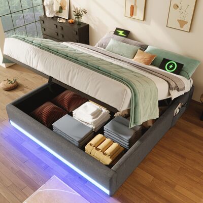 ACKERMAN Lit Capitonné 140200 Cm, Bandeau Led, Usb Et Type-c, Petites Poches De Rangement, Sans Tête De Lit, Fonction De Coffre Hydraulique, Sans Matelas, Gris - Publicité ACKERMAN Lit Capitonné 140200 Cm, Bandeau Led, Usb Et Type-c, Petites Poches De Rangement, Sans Tête De Lit, Fonction De Coffre Hydraulique, Sans Matelas, Gris - Publicité