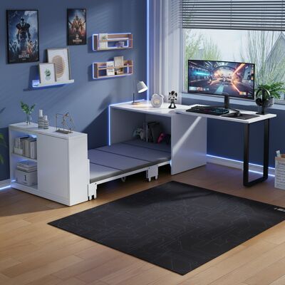ACKERMAN Ce Bureau-lit 2-en-1 Dispose D'Un Cadre De Lit Et De Pieds En Métal, Un Matelas De 4 Cm D'Épaisseur, Des Roulettes, Un Meuble Unique Avec Deux Compartiments De Rangement Et Est Blanc. Publicité ACKERMAN Ce Bureau-lit 2-en-1 Dispose D'Un Cadre De Lit Et De Pieds En Métal, Un Matelas De 4 Cm D'Épaisseur, Des Roulettes, Un Meuble Unique Avec Deux Compartiments De Rangement Et Est Blanc. Publicité