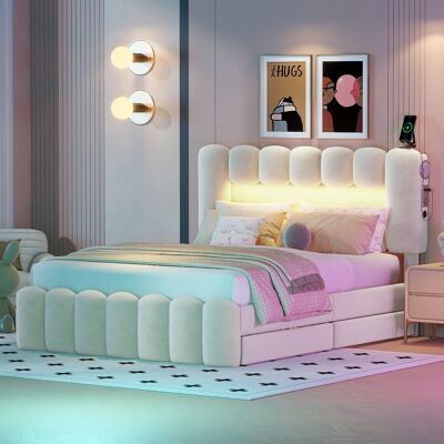 ACKERMAN Lit Capitonné 140 X 200, Avec 4 Tiroirs, Bandeau Led Avec Usb Et Chaîne Stéréo, Beige - Publicité ACKERMAN Lit Capitonné 140 X 200, Avec 4 Tiroirs, Bandeau Led Avec Usb Et Chaîne Stéréo, Beige - Publicité