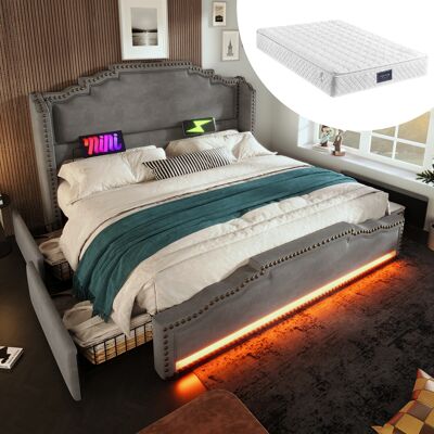 ACKERMAN Lit Rembourré 140x200, Lit Double Avec 4 Tiroirs, Éclairage Led Et Port De Chargement Usb-c, Lit Coffre Et Lit Enfant Avec Sommier À Lattes, Velours Gris, Matelas Inclus - Publicité ACKERMAN Lit Rembourré 140x200, Lit Double Avec 4 Tiroirs, Éclairage Led Et Port De Chargement Usb-c, Lit Coffre Et Lit Enfant Avec Sommier À Lattes, Velours Gris, Matelas Inclus - Publicité