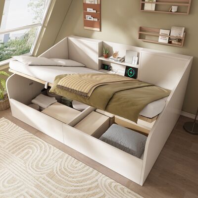 ACKERMAN Lit De Jour Hydraulique 140x190 Cm Blanc, Lit En Bois Avec 2 Étagères, Grand Espace De Rangement Et Station De Chargement Usb/type-c, Sommier À Lattes Inclus, Lit Double Compact (sans Matelas) - Publicité ACKERMAN Lit De Jour Hydraulique 140x190 Cm Blanc, Lit En Bois Avec 2 Étagères, Grand Espace De Rangement Et Station De Chargement Usb/type-c, Sommier À Lattes Inclus, Lit Double Compact (sans Matelas) - Publicité