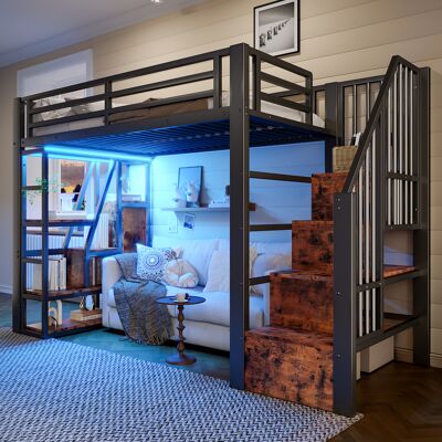 ACKERMAN Lit Mezzanine 90 X 200 Cm, Cadre En Fer, Compartiment De Rangement, Marches Intégrées, Rambarde De Sécurité, Escalier, Bandeau Led, Espace Ouvert Sous Le Lit, Matelas Non Inclus, Noir - Publicité ACKERMAN Lit Mezzanine 90 X 200 Cm, Cadre En Fer, Compartiment De Rangement, Marches Intégrées, Rambarde De Sécurité, Escalier, Bandeau Led, Espace Ouvert Sous Le Lit, Matelas Non Inclus, Noir - Publicité