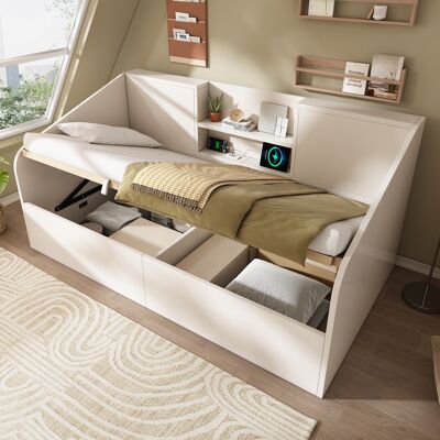ACKERMAN Lit De Jour Hydraulique 90x190 Cm Blanc, Lit En Bois Avec 2 Étagères, Grand Espace De Rangement Et Station De Charge Usb/type-c, Sommier À Lattes Inclus, Lit Simple Gain De Place (sans Matelas) - Publicité ACKERMAN Lit De Jour Hydraulique 90x190 Cm Blanc, Lit En Bois Avec 2 Étagères, Grand Espace De Rangement Et Station De Charge Usb/type-c, Sommier À Lattes Inclus, Lit Simple Gain De Place (sans Matelas) - Publicité