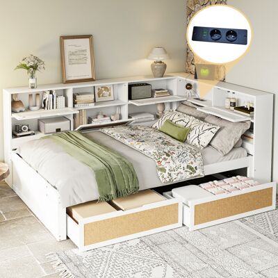 ACKERMAN Canapé-lit En Bois Massif 140200 Avec Tiroir, Lit Simple Multifonctionnel D'Enfant Avec Nombreux Compartiments De Rangement Et Port De Charge, Blanc - Publicité ACKERMAN Canapé-lit En Bois Massif 140200 Avec Tiroir, Lit Simple Multifonctionnel D'Enfant Avec Nombreux Compartiments De Rangement Et Port De Charge, Blanc - Publicité