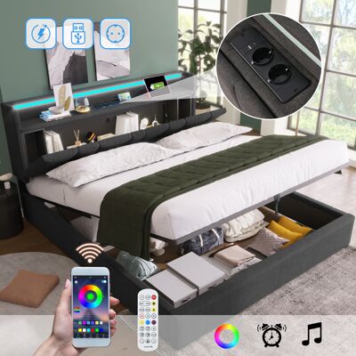 ACKERMAN Lit Double Capitonné Avec Fonction De Chargement Usb, Tête De Lit Avec Rangement Et Éclairage Led, Lit Double 140x190cm, Cadre De Lit Avec Rangement, Sommier À Lattes En Bois, Gris (matelas Non Inclus - Publicité ACKERMAN Lit Double Capitonné Avec Fonction De Chargement Usb, Tête De Lit Avec Rangement Et Éclairage Led, Lit Double 140x190cm, Cadre De Lit Avec Rangement, Sommier À Lattes En Bois, Gris (matelas Non Inclus - Publicité
