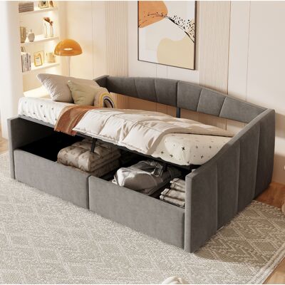 ACKERMAN Lit Capitonné Canapé-lit 140 X 200 Cm, Avec Rangement Hydraulique, Avec Sommier À Lattes Et Accoudoirs, Rayures Classiques, Lit Double Polyvalent, Tissu Velours Doux Pour La Peau, Gris - Publicité ACKERMAN Lit Capitonné Canapé-lit 140 X 200 Cm, Avec Rangement Hydraulique, Avec Sommier À Lattes Et Accoudoirs, Rayures Classiques, Lit Double Polyvalent, Tissu Velours Doux Pour La Peau, Gris - Publicité