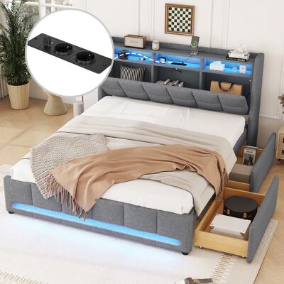ACKERMAN Lit Capitonné, 140 X 200 Cm, Sans Matelas, Commande App Éclairage Led, Lit Avec Tiroirs Avec Prises Et Usb, Rangement Intégré, Lin, Gris - Publicité ACKERMAN Lit Capitonné, 140 X 200 Cm, Sans Matelas, Commande App Éclairage Led, Lit Avec Tiroirs Avec Prises Et Usb, Rangement Intégré, Lin, Gris - Publicité