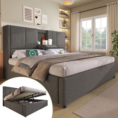 ACKERMAN Lit Double Capitonné 140x200 Cm Avec Porte-gobelet Et Station De Recharge Dissimulés, Lit Hydraulique Avec Espace De Rangement Sous Le Lit, Sommier À Lattes Inclus, Gris Lin (sans Matelas) - Publicité ACKERMAN Lit Double Capitonné 140x200 Cm Avec Porte-gobelet Et Station De Recharge Dissimulés, Lit Hydraulique Avec Espace De Rangement Sous Le Lit, Sommier À Lattes Inclus, Gris Lin (sans Matelas) - Publicité