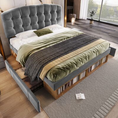 LEMONBEST Lit Double Rembourré 140x200 Cm Lit Ado Avec Rangement, Tiroirs, Tête De Lit Capitonnée Réglable, Sommier À Lattes - Velours - Gris - Publicité LEMONBEST Lit Double Rembourré 140x200 Cm Lit Ado Avec Rangement, Tiroirs, Tête De Lit Capitonnée Réglable, Sommier À Lattes - Velours - Gris - Publicité