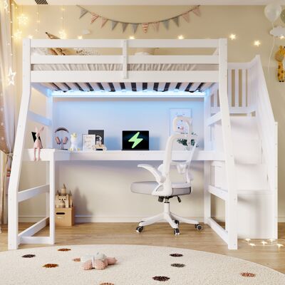 LEMONBEST Lit Mezzanine 90x200 Cm Avec Bureau Led Usb Escalier Rangement Pin Mdf Blanc - Publicité LEMONBEST Lit Mezzanine 90x200 Cm Avec Bureau Led Usb Escalier Rangement Pin Mdf Blanc - Publicité