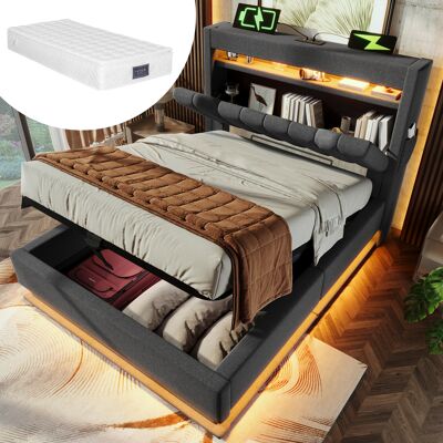 ACKERMAN Lit Simple Rembourré 90x200cm, Tête De Lit Avec Rangement, Ports Usb Et Type-c, Éclairage Led En Tête Et En Pied De Lit, Avec Rangement Hydraulique, Gris, Lin, Avec Matelas. Publicité ACKERMAN Lit Simple Rembourré 90x200cm, Tête De Lit Avec Rangement, Ports Usb Et Type-c, Éclairage Led En Tête Et En Pied De Lit, Avec Rangement Hydraulique, Gris, Lin, Avec Matelas. Publicité
