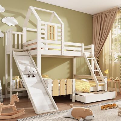 OEM Lit Superposé 90x200 Et 140x200 Cm, Lit Cabane Avec Tiroir, Toboggan Et Échelle, Lit Mezzanine Enfant Avec Sommier À Lattes, Design Cabane En Rondins - Publicité OEM Lit Superposé 90x200 Et 140x200 Cm, Lit Cabane Avec Tiroir, Toboggan Et Échelle, Lit Mezzanine Enfant Avec Sommier À Lattes, Design Cabane En Rondins - Publicité