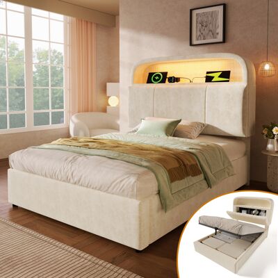 ACKERMAN Lit Simple Capitonné 90x200 Cm Avec Tête De Lit De Rangement Réglable En Hauteur, Lit Hydraulique Avec Éclairage Led Et Station De Charge Usb/type-c, Velours, Beige, Sommier À Lattes Inclus (matelas N - Publicité ACKERMAN Lit Simple Capitonné 90x200 Cm Avec Tête De Lit De Rangement Réglable En Hauteur, Lit Hydraulique Avec Éclairage Led Et Station De Charge Usb/type-c, Velours, Beige, Sommier À Lattes Inclus (matelas N - Publicité