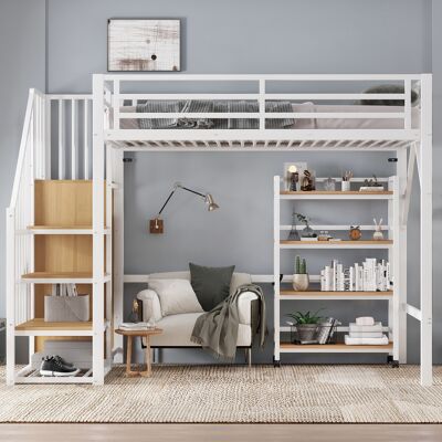 ACKERMAN Lit En Métal, Lit Mezzanine, Étagère À Quatre Niveaux Avec Roulettes, Barrière De Sécurité, Armoire D'Angle Avec Échelle Et Penderie, Fer + Mdf, Blanc+naturel, 90x200cm - Publicité ACKERMAN Lit En Métal, Lit Mezzanine, Étagère À Quatre Niveaux Avec Roulettes, Barrière De Sécurité, Armoire D'Angle Avec Échelle Et Penderie, Fer + Mdf, Blanc+naturel, 90x200cm - Publicité