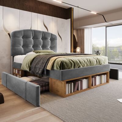 LEMONBEST Lit Simple Capitonné 90x200 Cm En Velours Avec Sommier À Lattes - Tête De Lit Réglable - Tiroirs De Rangement - Gris Sans Matelas - Publicité LEMONBEST Lit Simple Capitonné 90x200 Cm En Velours Avec Sommier À Lattes - Tête De Lit Réglable - Tiroirs De Rangement - Gris Sans Matelas - Publicité