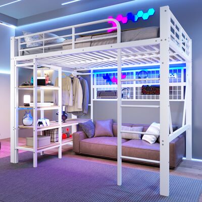 LEMONBEST Lit Mezzanine 140x200 Cm Avec Rangements, Étagère, Penderie, Filet Suspendu, Espace Ouvert Sous Le Lit, Éclairage Led, Métal, Blanc - Publicité LEMONBEST Lit Mezzanine 140x200 Cm Avec Rangements, Étagère, Penderie, Filet Suspendu, Espace Ouvert Sous Le Lit, Éclairage Led, Métal, Blanc - Publicité