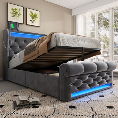 COVREO Lit Coffre 90/200 Cm Gris En Velours Avec Led, Usb-c Et Tête De Lit De Rangement - Publicité COVREO Lit Coffre 90/200 Cm Gris En Velours Avec Led, Usb-c Et Tête De Lit De Rangement - Publicité